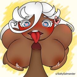 bad_anatomy blowjob blue_eyes boobjob brown_body brown_skin chibi coconut_cookie cookie cookie_run dick heart-shaped_pupils lactating lactation only_female original original_character paizuri penis pink_lipstick red_nipples sole_female titjob tongue tongue_out white_eyelashes white_hair