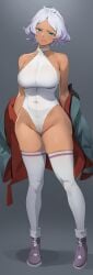 1girls aqua_eyes breasts brown_skin female gundam gundam_suisei_no_majo highleg_leotard large_breasts leotard licking_lips long_legs naughty_face secelia_dote short_hair suggestive_look thick_thighs thighs white_hair wide_hips yang-do yd_(orange_maru)