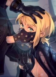 1boy 1girls android areolae blonde_hair blowjob blue_eyes breasts cute emotionless erection expressionless face_mask fellatio fellatio_under_mask fellatio_under_veil female female_focus head_grab highres implied_oral mask mouth_veil nier nier:_automata nier_(series) nipples operator_21o optionaltypo oral penis petite robot robot_girl straight teenager under_mask veil yorha_9s