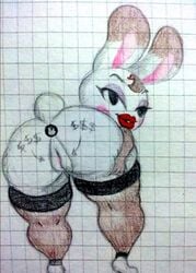 animal_crossing big_ass brown_hair buttplug drawing fishnets nintendo prostitution rabbit sketch tiffany_(animal_crossing) traditional_media_(artwork) white_fur writing writing_on_ass