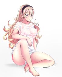 1girls bare_legs blonde_hair corrin_(fire_emblem) corrin_(fire_emblem)_(female) fire_emblem fire_emblem_fates hair_between_eyes hairband jarckius large_breasts long_hair nintendo red_eyes see-through shirt sitting solo solo_female sweat thick_thighs wet wet_clothes white_background