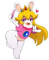 anthro ass bedroom_eyes big_ass big_butt blonde_hair blue_eyes blush bottomless butt cellphone clothed clothing crossover crown cute cute_face eyeshadow female female_only hair half-closed_eyes hi_res lagomorph makeup mammal mario_(series) mario_+_rabbids mario_+_rabbids:_kingdom_battle narrowed_eyes nintendo phone princess_peach_(cosplay) rabbid rabbid_peach raving_rabbids seductive selfie semi-anthro simple_background smile solo solo_female sssonic2 thick_thighs ubisoft video_games white_background wide_hips