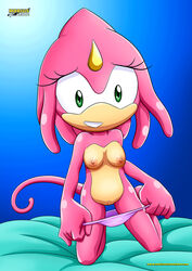 breasts chameleon green_eyes liza_the_chameleon mobius_unleashed on_bed removing_panties smiling_at_viewer sonic_(series) sonic_the_hedgehog_(series)