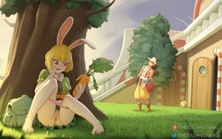 1boy 1girls 2020 animal_ears anthro anus artist_name bartolomeobari blonde_hair blush brown_eyes bunny_ears carrot carrot_(one_piece) carrot_dildo female furry green_dress imminent_masturbation male one_piece outside panties panties_down pantsu panty_pull patreon_username pink_panties pussy rabbit skirt_lift smile thousand_sunny twitter_username uncensored underwear upskirt usopp yellow_hair