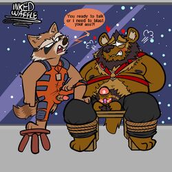 2021 2boys anthro balls belly bodily_fluids bottomwear bound brown_body brown_fur clothing duo english_text erection fur gay genitals guardians_of_the_galaxy inked-waffle male male/male male_only mammal marvel moobs nipples overweight overweight_male pants penis procyonid raccoon rocket_raccoon sex_toy sitting sweat text ursid