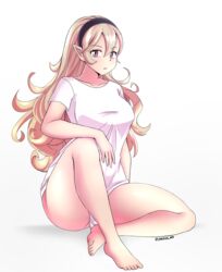 1girls bare_legs blonde_hair corrin_(fire_emblem) corrin_(fire_emblem)_(female) fire_emblem fire_emblem_fates hair_between_eyes hairband jarckius large_breasts long_hair looking_at_viewer nintendo red_eyes shirt sitting solo solo_female thick_thighs white_background