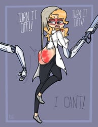 1girls atomic_wedgie blonde_hair blush dialogue digitalwedgieart glasses labcoat offscreen_character red_ass robot spanking text wedgie wedgie_spanking