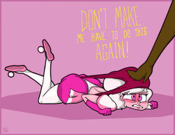 atomic_wedgie blush cartoon_network clothed color dialogue diamond_authority digitalwedgieart dominatrix feet gem_(species) heels offscreen_character pink_diamond_(steven_universe) pink_eyes pink_skin stepped_on steven_universe submissive_female text wedgie white_hair yellow_diamond_(steven_universe)