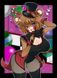 bear bear_ears big_breasts blue_eyes blush blushing bow bowtie bracelet breasts brown_hair five_nights_at_freddy's five_nights_in_anime freddy_(fnaf) freddy_(fnia) mairusu-paua pose rule_63 sexually_suggestive smile suit thick_thighs thighhighs thighs top_hat