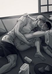 2boys after_kiss anal anal_sex attack_on_titan bodily_fluids chiamo clothing cum cum_in_ass erwin_smith eye_contact feet floor floor_sex food gay genital_fluids levi levi_ackerman looking_at_partner male male/male male_feet male_only male_penetrated male_penetrating male_penetrating_male monochrome on_the_floor partially_clothed penetration penis penis_in_ass saliva saliva_string saliva_trail shingeki_no_kyojin thigh_grab underwear underwear_around_one_leg yaoi