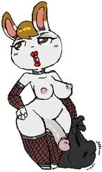 animal_crossing big_penis brown_hair fishnets furry futa_only futanari nintendo pixel_art rabbit tiffany_(animal_crossing) white_background white_fur