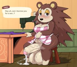 1futa animal_crossing animal_crossing_new_horizons apron apron_lift balls balls_on_ground big_breasts big_penis blush breasts brown_eyes brown_fur brown_hair checkered checkered_apron checkered_topwear chubby cleavage cum cum_on_floor denzeltip english_text erection foreskin furry futa_only futanari hedgehog huge_balls huge_cock looking_at_viewer nintendo oversized_balls partially_retracted_foreskin penis sable_able solo solo_futa tail text text_bubble thick_thighs thighs uncut veiny_penis