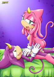 1boy bbmbbf chameleon cowgirl_position cum_drip espio_the_chameleon eyes_half_open female green_eyes in_bed liza_the_chameleon mobius_unleashed penetration sonic_(series) sonic_the_hedgehog_(series) yellow_eyes