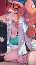 1boy 1girls 2021 alternate_breast_size bare_legs beach blue_sky blush breasts censored censored_penis cleavage competition_swimsuit cum cum_bubble cum_in_mouth cum_in_nose drooling excessive_cum fellatio female female_focus glasses glasses_on_head hi_res hizake human kashu_(hizake) kneeling lab_coat labcoat large_breasts looking_up male medium_hair mosaic_censoring nail_polish nintendo one-piece_swimsuit oral oral_creampie oral_sex orange_hair outdoors outerwear painted_nails pants_down penis penis_in_mouth pokemon pokemon_professor pokemon_protagonist pokemon_ss red_shirt sand side_ponytail sonia_(pokemon) swimsuit teal_eyes thick_thighs thighs tight_clothing tight_swimsuit tree victor_(pokemon) visible_breath water white_coat