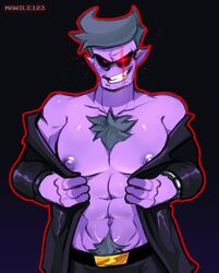 1boy abs areola areolae artist_name bara barazoku belly_button belt big_pecs body_hair chest_hair chest_tuft dad daddy daddy_dearest demon dilf friday_night_funkin gay hair happy jacket large_pecs looking_at_viewer male male_focus male_only male_pubic_hair manly mawile123 muscle muscles muscular nipples pants pecs pectorals pinup pubes pubic_hair pubic_tuft purple_body purple_hair purple_nipples purple_pubic_hair purple_skin red_eyes safe seductive shiny_skin shirtless short_hair showing_off smiling solo solo_focus source_request tagme undressing video_games watch