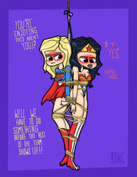 2girls blush dc_comics dialogue digitalwedgieart embarrassed hanging_wedgie lasso_of_truth multiple_girls rope supergirl superman_(series) text tied_up wedgie wonder_woman wonder_woman_(series)