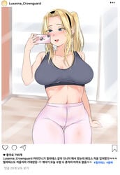 big_breasts blonde_hair blue_eyes breasts cameltoe cellphone female female_focus female_only gimgugnae gym gym_clothes happy huge_breasts instagram korean_text large_breasts league_of_legends leggings luxanna_crownguard pilates selfie smile social_media solo solo_female translated