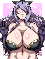 1girls bare_midriff bare_shoulders bra camilla_(fire_emblem) closed_eyes collarbone elbow_gloves fire_emblem fire_emblem_fates gloves headwear horns huge_breasts inabakun00 incoming_kiss kissing long_hair nintendo plump purple_hair solo solo_female sparkle sparkles