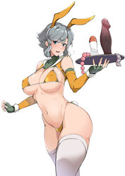 adapted_costume alternate_costume anal_beads animal_ears ao_no_kiseki bikini blue_eyes blush bottle breasts bunny_ears bunny_tail cameltoe cleavage commentary condom condom_packet_strip condom_wrapper covered_nipples cowboy_shot curvy detached_sleeves dildo eiyuu_densetsu elbow_gloves embarrassed eyebrows_visible_through_hair fake_animal_ears fake_tail female fingerless_gloves gloves grace_lynn_(eiyuu_densetsu) green_gloves hajimari_no_kiseki holding holding_tray large_breasts large_pasta looking_at_viewer lube micro_bikini navel open_mouth sex_toy short_hair silver_hair simple_background solo stomach string_bikini sweatdrop swimsuit tail thighhighs thighs tray wavy_mouth white_background white_legwear yellow_bikini zero_no_kiseki