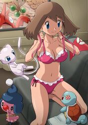 1girls blue_eyes bonsly bra breasts corphish female human human_female may_(pokemon) mew mime_jr. nintendo panties pokemoa pokemon pokemon_(species) pokemon_species removing_bra side-tie_panties squirting straight_hair underwear undressing