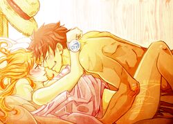 1boy 1boy1girl 1girls arms_around_neck bed bedsheets black_hair blush couple cuddling cute female log_pose long_hair love lying_on_back male monkey_d_luffy morning muscular_male nami nude one_piece orange_hair post-timeskip romantic scar short_hair smile straight straw_hat wholesome zippi44