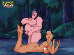 1boy 1girls age_difference cartoonvalley.com cum cum_on_body cum_on_breasts cum_on_penis disney disney_princess erection female governor_ratcliffe interracial laying_on_stomach legs_up male male_focus native_american nude penis pocahontas pocahontas_(character) standing zolushka