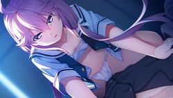 1boy bag bra breasts cleavage clothing collarbone cowgirl_position dutch_angle eyebrows_visible_through_hair female floating_hair fundoshi game_cg grisaia_(series) grisaia_no_kajitsu grisaia_phantom_trigger hair_between_eyes highres ikoma_murasaki japanese_clothes long_hair looking_at_viewer navel official_art open_clothes open_shirt panties pink_hair pov purple_eyes sailor_collar sarashi shirt short_sleeves small_breasts very_long_hair watanabe_akio white_sailor_collar white_shirt