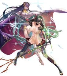 2girls biggitybiggitybig cape edit female_only fire_emblem fire_emblem_heroes green_hair ice kiria_kurono large_breasts magic medium_breasts microphone multiple_girls nintendo nipples nude nude_female nude_filter pussy red_eyes smile tharja_(tms#fe) tokyo_mirage_sessions_#fe transparent_background twintails very_long_hair