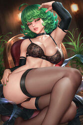 1girls absurd_res artist_name bra breasts choker female female_only green_eyes green_hair hi_res light-skinned_female light_skin lingerie medium_breasts neoartcore one-punch_man pale-skinned_female pale_skin panties see-through_panties shounen_jump solo stockings tatsumaki thighhighs watermark