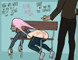 1boy 1girls atomic_wedgie bench blush body_writing dialogue digitalwedgieart embarrassed humiliation left_in_public panties pink_panties public public_humiliation striped_panties tape text tied_up wedgie