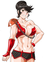 1girls 2020 abs armor benten big_breasts biker black_hair blush bracelet breasts brown_eyes chains female goddess grin large_breasts light-skinned_female light_skin looking_at_viewer manabe_jouji muscular muscular_female red_armor short_hair smile solo standing tied_hair tomboy urusei_yatsura white_background