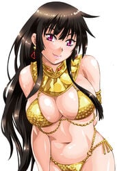 1girls big_breasts brown_hair cleopatra female_only gold gold_(metal) golden_bikini hair_ribbon happy makeup manabe_jouji shiny_clothes solo violet_eyes yellow_bikini yellow_shorts