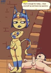 1boy 1futa 2d 2d_(artwork) after_anal after_sex animal_crossing ankha ankha_(animal_crossing) anthro areolae balls bangs big_penis breasts cat_ears cat_tail catgirl cum cum_in_ass cum_inside dialogue drooling duo english_text erection feline furry futa_is_bigger futa_on_male futanari huge_balls human humanoid humanoid_penis light-skinned_male light_skin male nintendo nipples on_back penis short_hair smooth_balls speech speech_bubble speeddrop standing text yiff