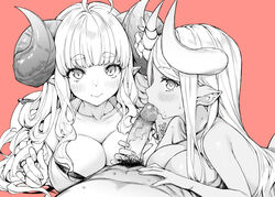 1boy 2girls ahoge anila_(granblue_fantasy) bangs blush breast_press breasts closed_mouth collarbone draph erection eyebrows_visible_through_hair fellatio ffm_threesome granblue_fantasy group_sex horns kuvira_(granblue_fantasy) large_breasts long_hair looking_at_viewer male_pubic_hair multiple_girls mushi024 oral penis penis_grab pointy_ears pov pubic_hair red_background simple_background smile straight suck_the_tip threesome uncensored