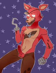 1boy 2021 animatronic anthro balls biped bottomwear brown_bottomwear brown_clothing brown_pants canid canine cheek_tuft chest_tuft clothed clothing digital_media_(artwork) erection exposed_endoskeleton eye_patch eyewear facial_tuft fingers fist five_nights_at_freddy's fox foxy_(fnaf) fur genitals glowing glowing_eyes gold_(metal) gold_tooth head_tuft hi_res hook hook_hand humanoid_genitalia humanoid_penis machine male male_only mammal metal_hand open_bottomwear open_clothing open_mouth open_pants pants pecs penis pirate purple_background razlity red_body red_fox red_fur red_penis robot sharp_teeth simple_background solo standing star tagme tan_body tan_fur teeth teeth_showing teeth_visible topless topless_male tuft vein veiny_penis video_games