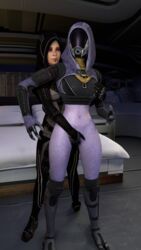 2girls 3d 3d_(artwork) alien alien/human alien_girl blender bottomless_female female female_only fingering from_behind groping_breasts groping_from_behind human interspecies interspecies_yuri kasumi_goto lesbian mass_effect mass_effect_2 quarian reach_around rogat17 tali'zorah_nar_rayya yuri