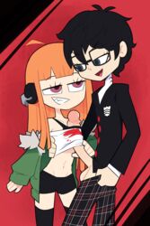 1boy 1girls 2021 atlus belly black_eyes black_hair clothed clothing eyelashes female headphones human imminent_sex jacket long_penis male male/female miscon naizuri open_mouth orange_hair paizuri paizuri_under_clothes pants pants_down penis penis_out persona persona_5 ren_amamiya sakura_futaba school_uniform sharp_teeth shirt testicles