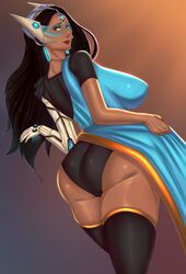 1girls 2d absurdres alternate_breast_size ass big_breasts blue-tinted_eyewear breasts dark-skinned_female dark_skin female female_only highres huge_ass indian large_breasts mickodaimao overwatch solo symmetra thick_thighs tinted_eyewear visor wide_hips