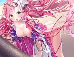 ajishio arched_back bangs beach breasts censored dragon_providence eyebrows_visible_through_hair female floating_hair game_cg green_eyes hair_between_eyes large_breasts leaning_forward long_hair mosaic_censoring nipples official_art open_mouth outdoors pink_hair shiny shiny_hair shiny_skin solo standing very_long_hair