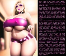 1girls ai_generated aroused aroused_face barbie_(franchise) barely_clothed barely_contained begging_for_sex big_lips bimbo bimbo_body bimbo_lips black_collar blonde_female blonde_hair blue_eyes breasts_bigger_than_head bursting_out_of_clothing cameltoe caption cheating_wife clothing_too_small collar cuckold date dialogue diamond_(gem) diamond_ring erect_nipples erect_nipples_under_clothes gigantic_breasts glossy_lips gold_earrings hoop_earrings hot_pants hotpants hourglass_figure huge_breasts huge_cleavage imminent_sex infidelity long_fingernails long_hair novelai original pink_clothing pink_eyeshadow pink_lipstick pink_nails pink_shorts pink_topwear pink_tubetop plump_lips praise seducing seductive sharp_fingernails short_shorts skin_tight slutty_clothing slutty_outfit thick_thighs tight_clothing tight_shorts tight_topwear tubetop underboob wedding_ring