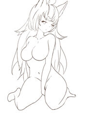 breasts furry line_art looking_at_viewer nipples wolf_ears wolf_girl wolf_tail wolf_tails