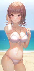 1girls absurdres adjusting_bikini adjusting_hair adjusting_swimsuit bangs bare_arms bare_midriff bare_shoulders bare_thighs beach belly big_breasts bikini blue_sky blush blushing breasts cleavage collarbone contrapposto cowboy_shot curvaceous curvy curvy_female curvy_figure danganronpa danganronpa_2:_goodbye_despair danganronpa_3 danganronpa_s:_ultimate_summer_camp day eyebrows_visible_through_hair eyelashes female female_focus female_only front-tie_bikini front-tie_top hair_ornament hair_tucking hairclip halter_top halterneck hand_in_hair highres hips huge_filesize human human_focus human_only jewelry large_breasts light-skinned_female light_skin looking_at_viewer midriff nanami_chiaki navel necklace ocean outdoors parted_lips red_eyes sea seaside short_hair skindentation sky soft soft_breasts solo solo_female solo_focus stomach straight_hair sunny swimsuit thick thick_hips thick_thighs thighs tokkyu water white_bikini white_swimsuit