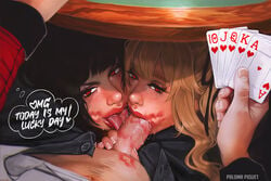 1boy 2girls asian bangs black_hair blonde_hair card collaborative_fellatio commentary deepthroat_mark drooling english_commentary english_text fellatio ffm_threesome fringe heart-shaped_pupils hime_cut jabami_yumeko kakegurui licking licking_penis light-skinned_female light-skinned_male light_skin lipstick lipstick_mark lipstick_on_penis long_hair makeup multiple_girls naughty_face nose oral paloma_piquet penis photorealistic playing_card red_eyes red_lipstick saliva saotome_meari seductive_eyes seductive_mouth stealth_oral stealth_sex straight threesome tongue twintails uncensored under_the_table