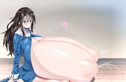 bea_(adfhbcf4326) black_hair blue_eyes breasts_on_lap female gigantic_breasts hyper_breasts immobile lactating lactation long_hair massive_breasts partially_clothed wardrobe_malfunction