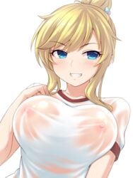 1girls bangs big_breasts blonde_hair blue_eyes blush breasts collarbone eyebrows_visible_through_hair female female_only grin hair_bun hair_ornament heart heart_hair_ornament highres idolmaster idolmaster_cinderella_girls large_breasts light-skinned_female light_skin long_hair looking_at_viewer nipples no_bra ootsuki_yui pataneet see-through shirt short_sleeves sidelocks simple_background smile solo sweat upper_body wet wet_clothes wet_shirt