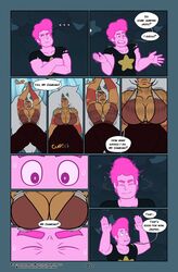 1boy 1girls bouncing_breasts breasts cartoon_network cleavage cleavage_focus comic comic_page dark_kaje dialogue english_text female fragments_(steven_universe_future) gem_(species) jasper_(steven_universe) jumping_jacks large_breasts male_gaze mind_control mrswindle94 orange_skin page_5 page_number steven_quartz_universe steven_universe steven_universe_future text