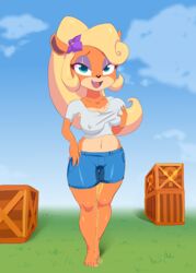 1girls 2020s 2021 ahe_gao anthro artist_request barefoot blonde_hair blue_bottomwear blue_eyes breast_grab clothing coco_bandicoot crash_(series) crates crop_top denim_shorts erect_nipples eyeshadow female female_only flower_in_hair furry grass hand_on_hip horny looking_at_viewer nipples_visible_through_clothing open_mouth outdoors peeing pleasure_face ponytail purple_eyeshadow shiny_hair shorts smile solo solo_female standing standing_pee tied_hair tomboy urinating urinating_in_bottomwear urination watersports wet_clothing wetting_clothing wetting_self white_topwear