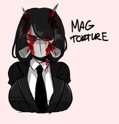 2021 big_breasts black_clothing black_hair blood business_suit bust_portrait cel_shading clothed dress_shirt female grey_skin impalement jacket madness_combat mag_agent_(madness_combat) mouthless necktie noseless rule_63 short_hair sunglasses torture_(madness_combat) verokiyo