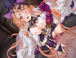 1boy ajishio animal_ears black_legwear breast_squeeze breasts bridal_gauntlets brown_eyes cowgirl_position cowgirl_position dragon_providence female game_cg garter_belt gauntlets hair_between_eyes hair_ornament indoors large_breasts long_hair nail_polish nipples official_art one_eye_closed open_mouth orange_hair panties panties_aside penis purple_panties pussy red_nails shiny shiny_clothes shiny_hair shiny_legwear single_gauntlet straddling straight tears thighhighs underwear vaginal_penetration very_long_hair wolf_ears