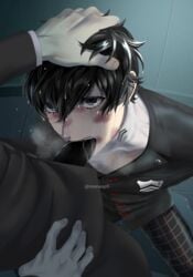 2boys abuse akira_kurusu angry atlus black_hair blowjob bruises clothed clothed_sex crying dripping fellatio forced_fellatio forced_oral forced_yaoi gay gray_eyes hair_grab hands_behind_back kneeling knees_apart_feet_together looking_at_partner looking_up male monaop5 oral oral_sex penis persona persona_5 rape ren_amamiya tears teeth throat_fuck wet yaoi